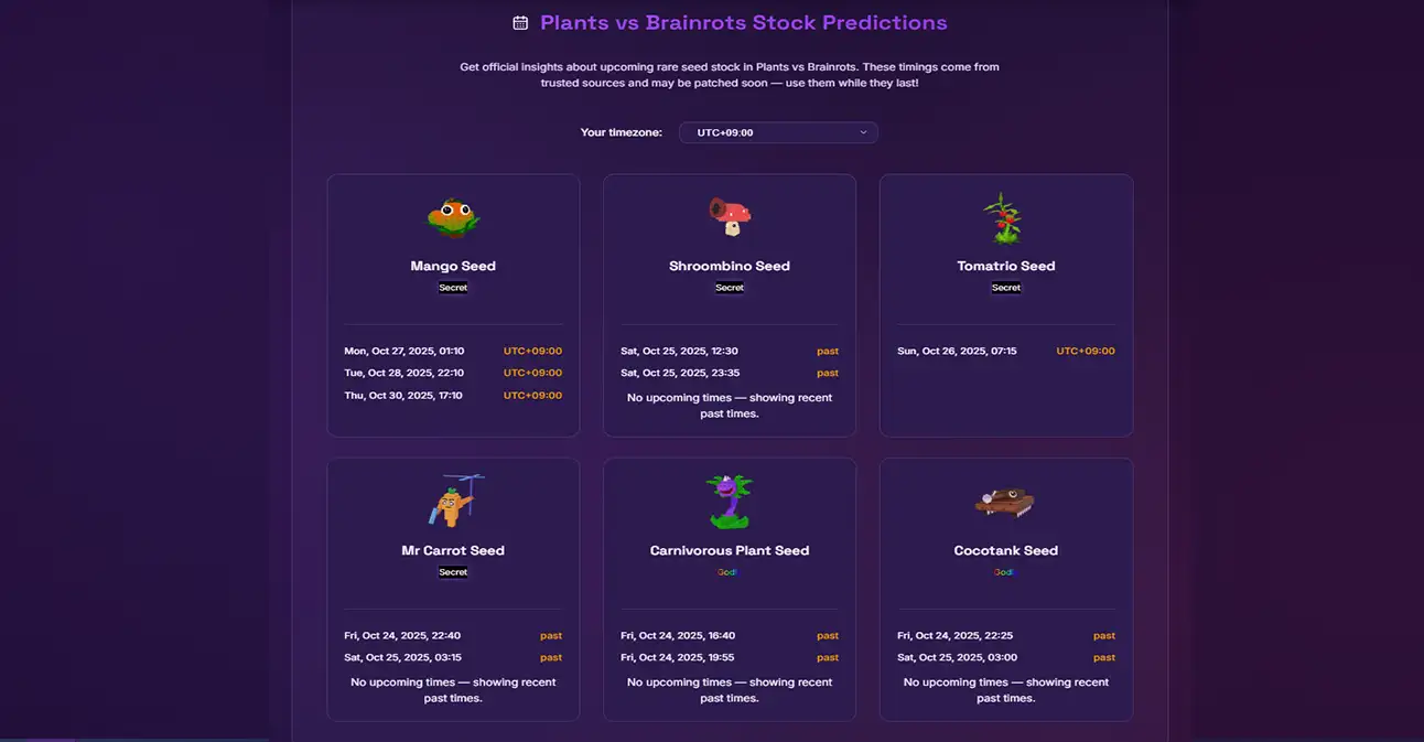 Plants vs Brainrots stock predictions showing upcoming rare seed timings for Mango Seed, Tomatrio Seed, Mr Carrot, and other secret tier plants with timezone selector
